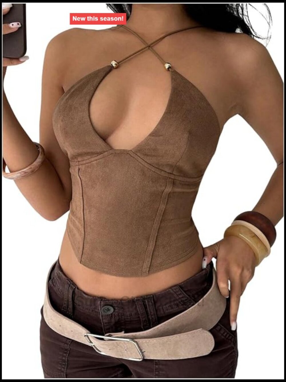 Faux Suede Crisscross Halter Crop Top Cut Out Backless Sleeveless Going Out Top
